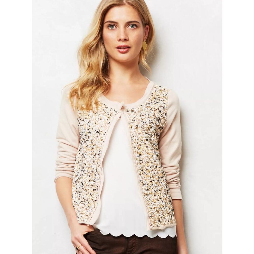 Anthropologie postmark paillette Sequin-Front Light Pink Womens Cardigan Sweater